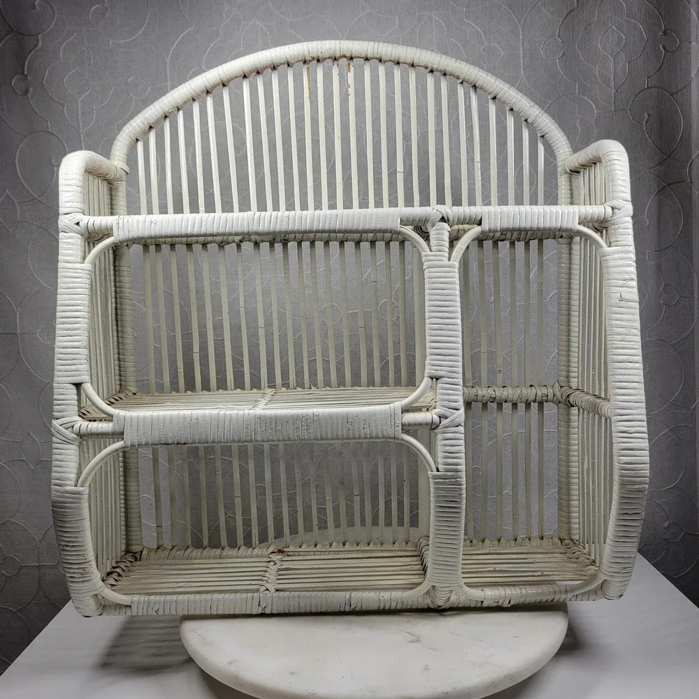 VTG Wrapped Rattan Wicker Shelf White Arched 3 Tier Boho Storage Cabinet